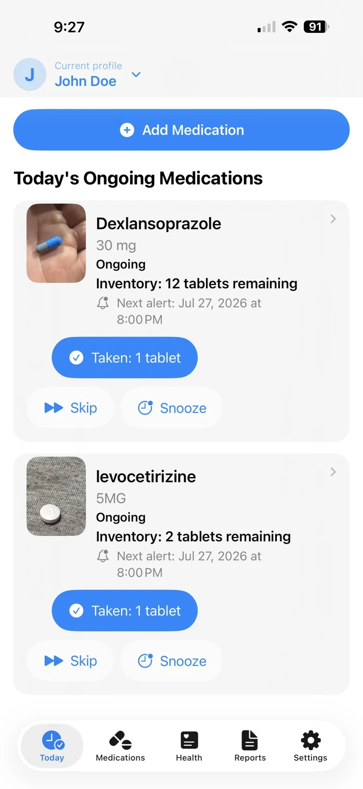 Pill-A-Matic Today screen showing two scheduled medications, remaining inventory, next alerts, and large Taken, Skip, and Snooze controls.